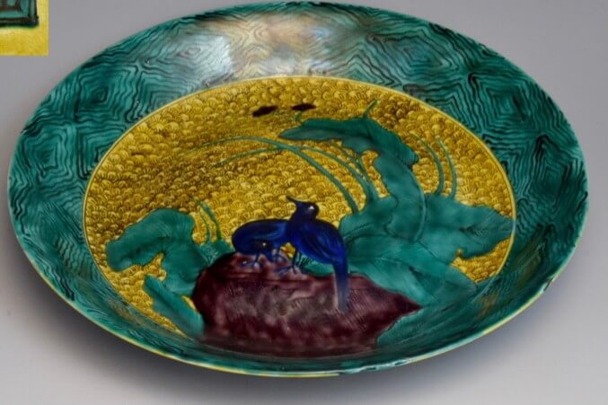 青手古九谷　花鳥図大皿37cm 九谷焼古陶磁器